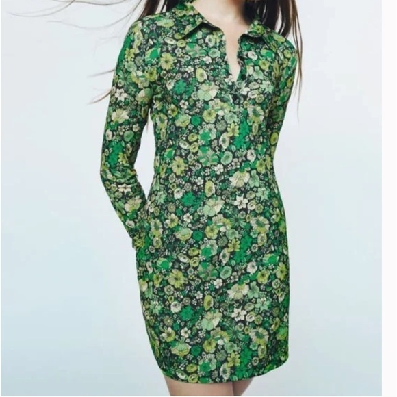 ZARA Floral Vibrant Green Print Collared Mini Dress Size S NEW - Picture 1 of 8